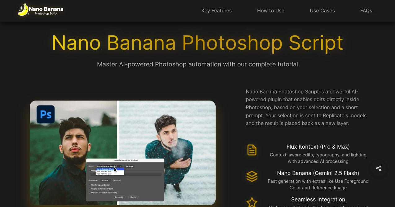 Screenshot of Nano Banana Photoshop Script – An AI tool in the ,Photo & Image Editor ,AI Photo Enhancer ,AI Design Assistant  category, showcasing its interface and key features.