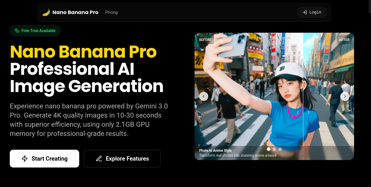 Screenshot of Nano Banana Pro – An AI tool in the ,AI Photo & Image Generator ,AI Art Generator ,AI Design Generator ,AI Image to Image  category, showcasing its interface and key features.