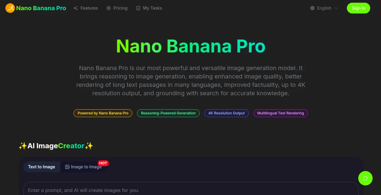 Screenshot of Nano Banana Pro – An AI tool in the ,AI Text to Image ,AI Photo & Image Generator ,AI Art Generator ,AI Design Generator  category, showcasing its interface and key features.
