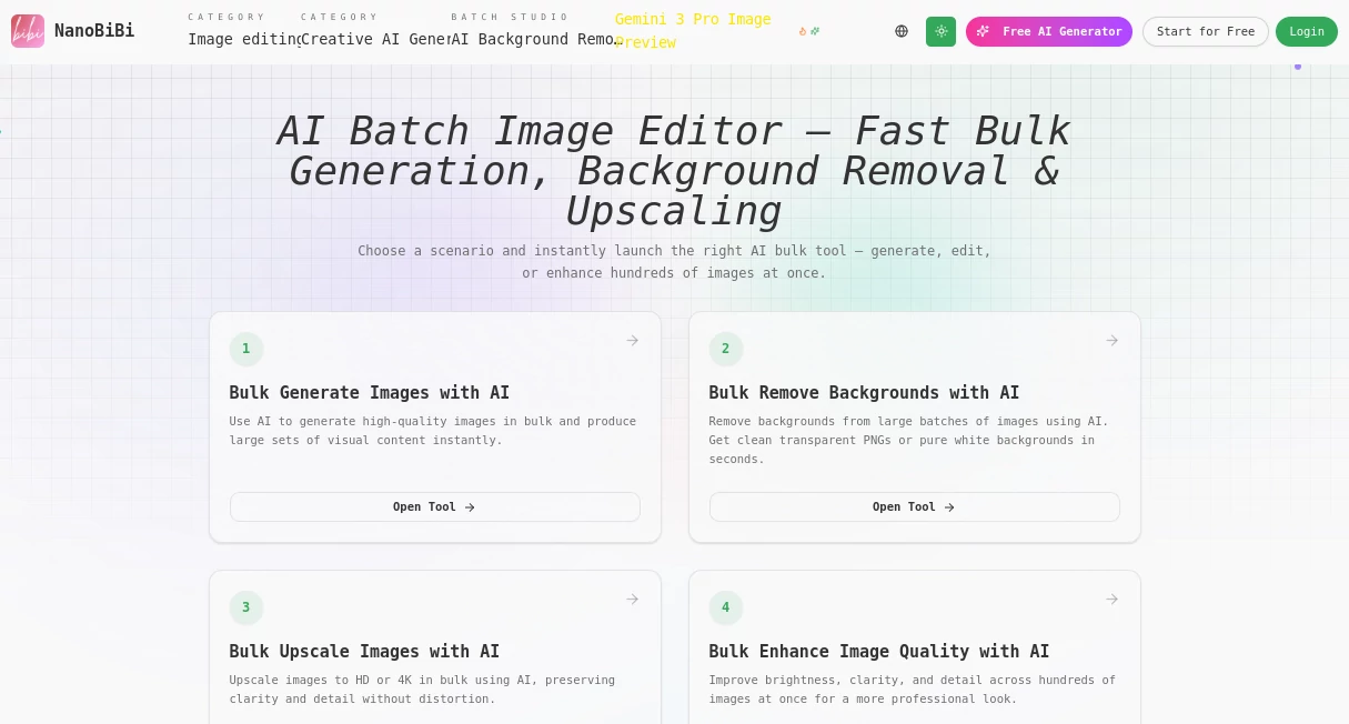 Screenshot of NanoBiBi – An AI tool in the ,Photo & Image Editor ,AI Photo Enhancer ,AI Background Remover ,AI Image to Image  category, showcasing its interface and key features.