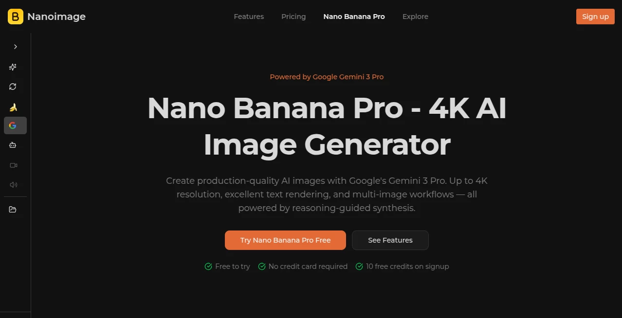 Screenshot of Nano Banana Pro – An AI tool in the ,AI Photo & Image Generator ,AI Design Generator ,AI Graphic Design ,AI Text to Image  category, showcasing its interface and key features.