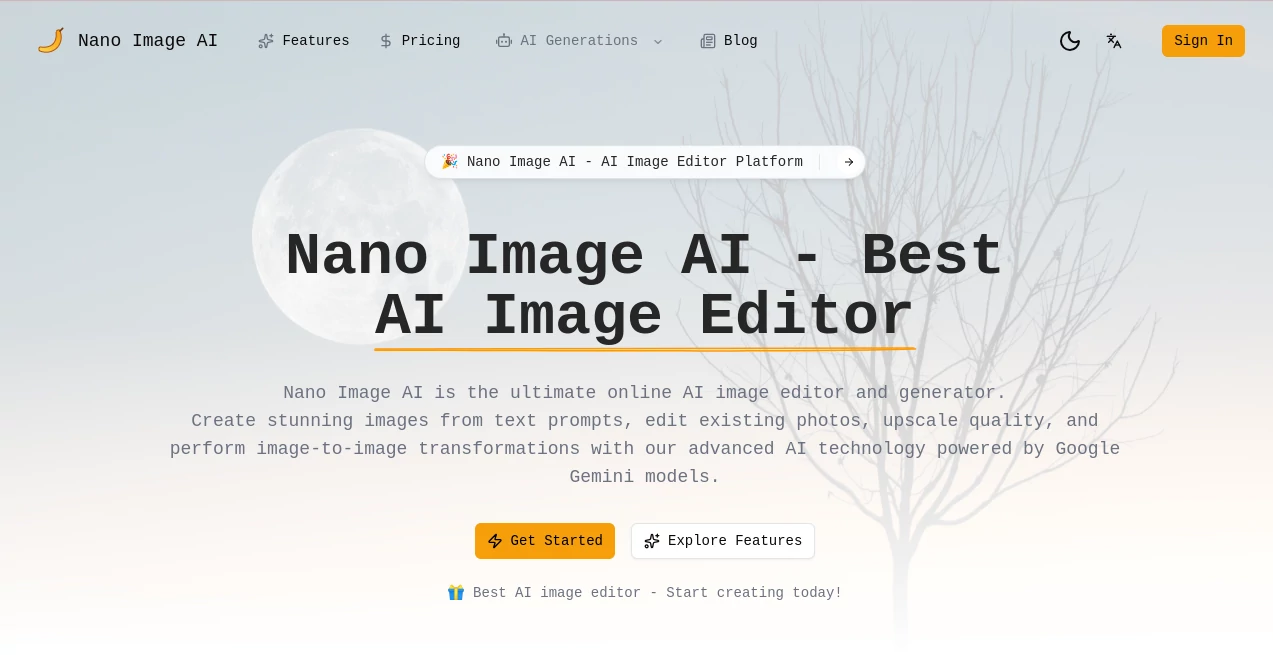 Screenshot of Nano Image AI – An AI tool in the ,AI Photo & Image Generator ,Photo & Image Editor ,AI Art Generator ,AI Text to Image  category, showcasing its interface and key features.