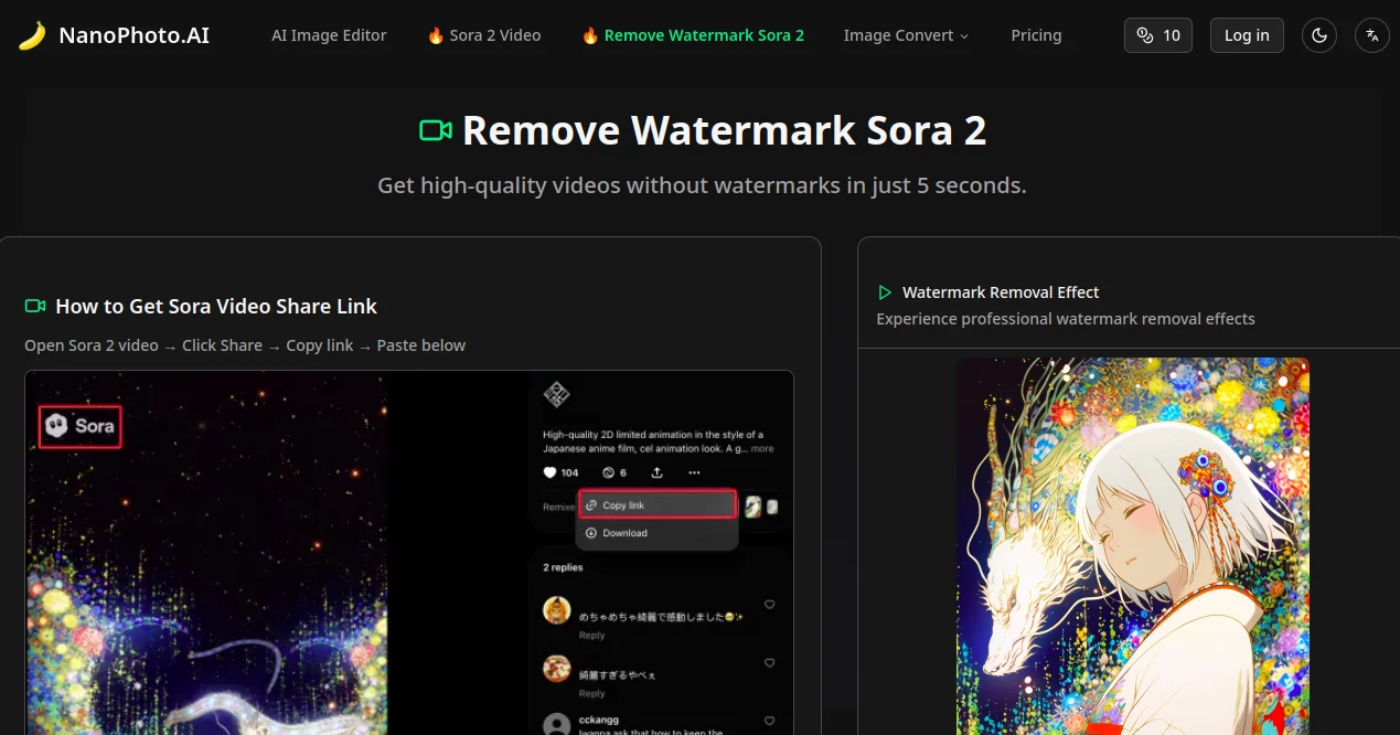 Screenshot of Remove Watermark Sora 2 – An AI tool in the ,AI Video to Video ,Photo & Image Editor ,AI Video Editor ,AI Video Enhancer  category, showcasing its interface and key features.