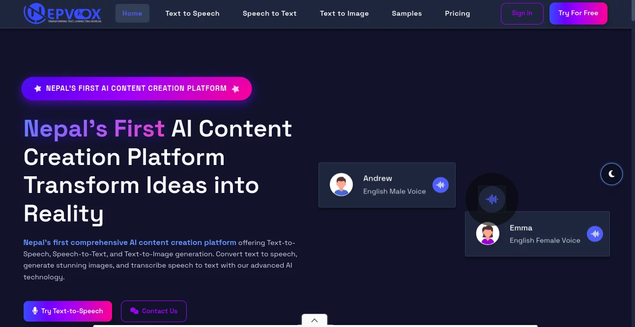 Screenshot of NepVox – An AI tool in the ,AI Content Generator ,AI Photo & Image Generator ,AI Text to Speech ,AI Speech to Text  category, showcasing its interface and key features.