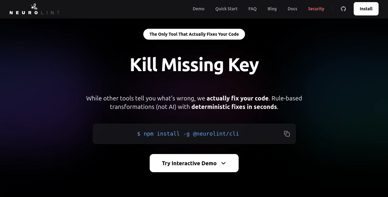 Screenshot of NeuroLint CLI – An AI tool in the ,AI Code Assistant ,AI Code Refactoring ,AI Testing & QA ,AI Developer Tools  category, showcasing its interface and key features.