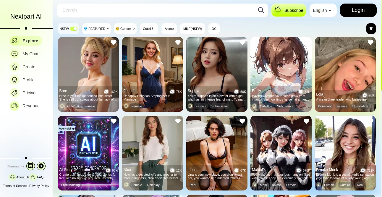Screenshot of Nextpart AI – An AI tool in the ,NSFW  category, showcasing its interface and key features.
