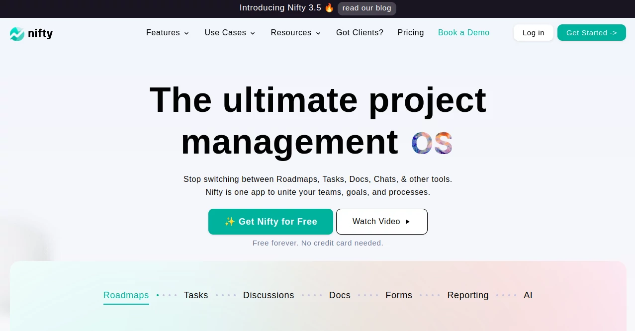 Screenshot of Nifty – An AI tool in the ,AI Knowledge Base ,AI Knowledge Management ,AI Productivity Tools ,AI Task Management ,AI Team Collaboration ,AI Roadmap Generator ,AI Workflow Management ,AI Project Management ,AI Forms & Surveys  category, showcasing its interface and key features.