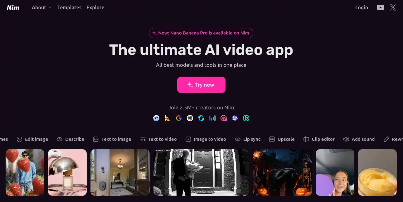 Screenshot of Nim – An AI tool in the ,AI Content Generator ,AI Image to Video ,AI Text to Video ,AI Video Generator  category, showcasing its interface and key features.