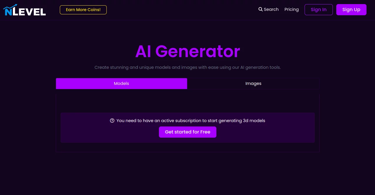 Screenshot of Nlevel.ai – An AI tool in the ,AI 3D Model Generator ,AI Text to 3D ,AI Image to 3D Model ,Design & Art  category, showcasing its interface and key features.