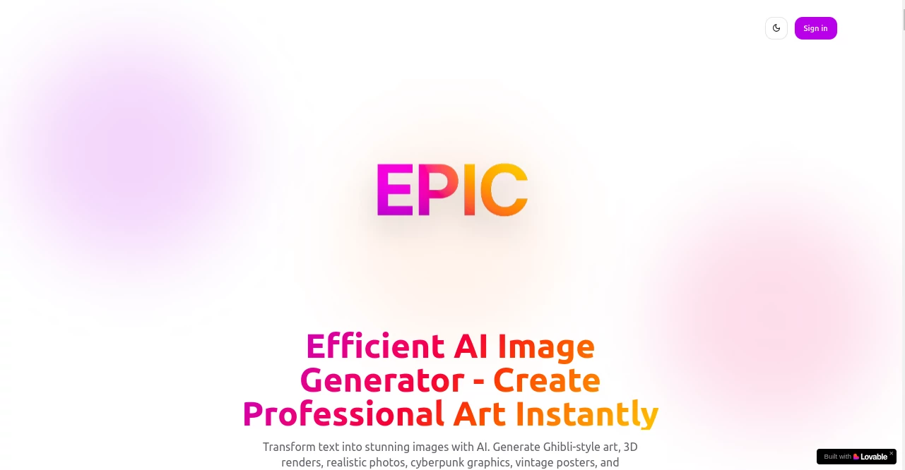 Screenshot of EPIC – An AI tool in the ,AI Text to Image ,AI Photo & Image Generator ,AI Art Generator ,AI Design Generator  category, showcasing its interface and key features.