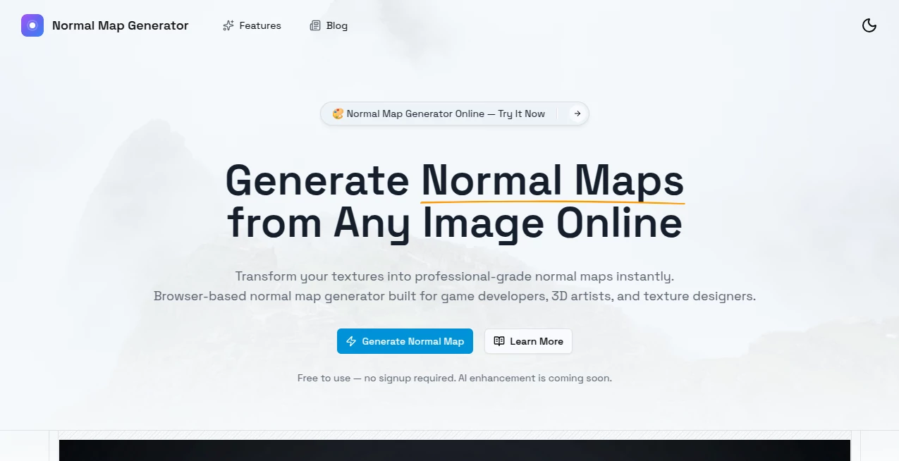 Screenshot of Normal Map Generator Online – An AI tool in the ,Photo & Image Editor ,AI Image to Image ,AI Design Generator ,AI 3D Model Generator  category, showcasing its interface and key features.