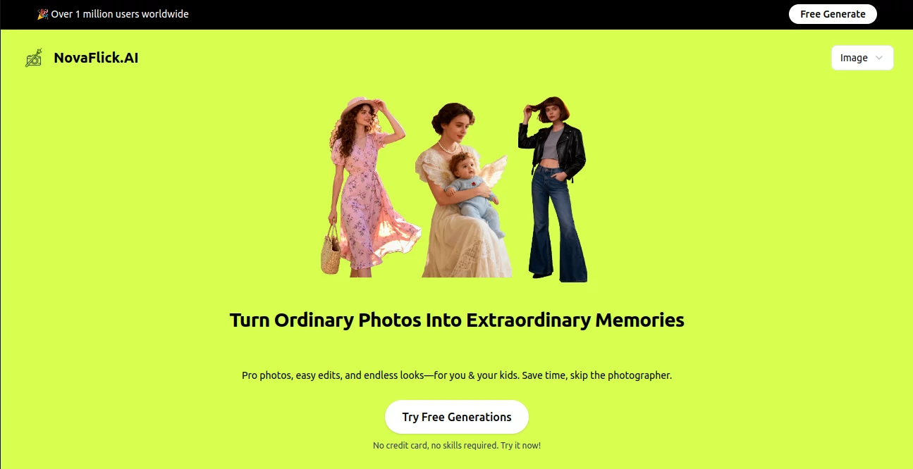 Screenshot of NovaFlick.AI – An AI tool in the ,Photo & Image Editor ,AI Photo Enhancer ,AI Background Remover ,AI Art Generator  category, showcasing its interface and key features.