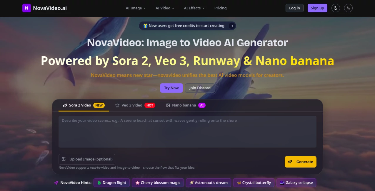 Screenshot of NovaVideo.ai – An AI tool in the ,AI Image to Video ,AI Text to Video ,AI Video Generator ,AI Short Clips Generator  category, showcasing its interface and key features.