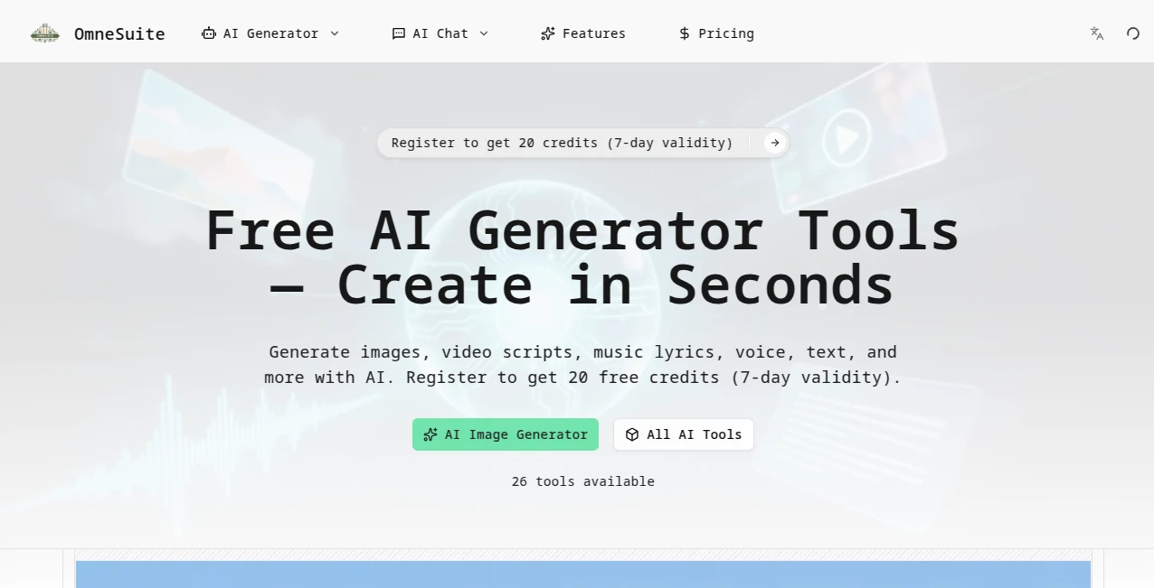 Screenshot of Omnesuite ALL IN ONE AI Generator Tools – An AI tool in the ,AI Photo & Image Generator ,AI Voice Chat Generator ,AI Video Generator ,AI Music Generator  category, showcasing its interface and key features.