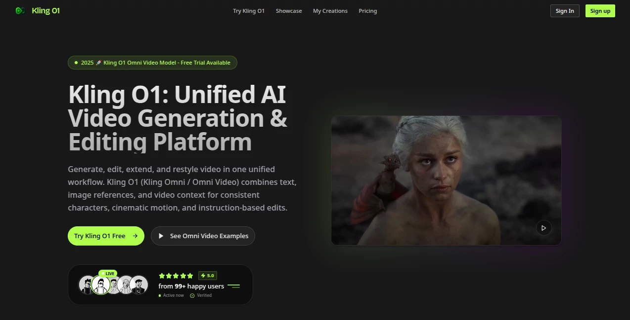 Screenshot of Kling O1 – An AI tool in the ,AI Image to Video ,AI Video Editor ,AI Text to Video ,AI Video Generator  category, showcasing its interface and key features.