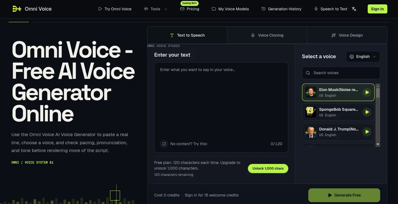 Screenshot of Omni Voice – An AI tool in the ,AI Voice Assistants ,AI Text to Speech ,AI Speech Synthesis ,AI Voice & Audio Editing  category, showcasing its interface and key features.