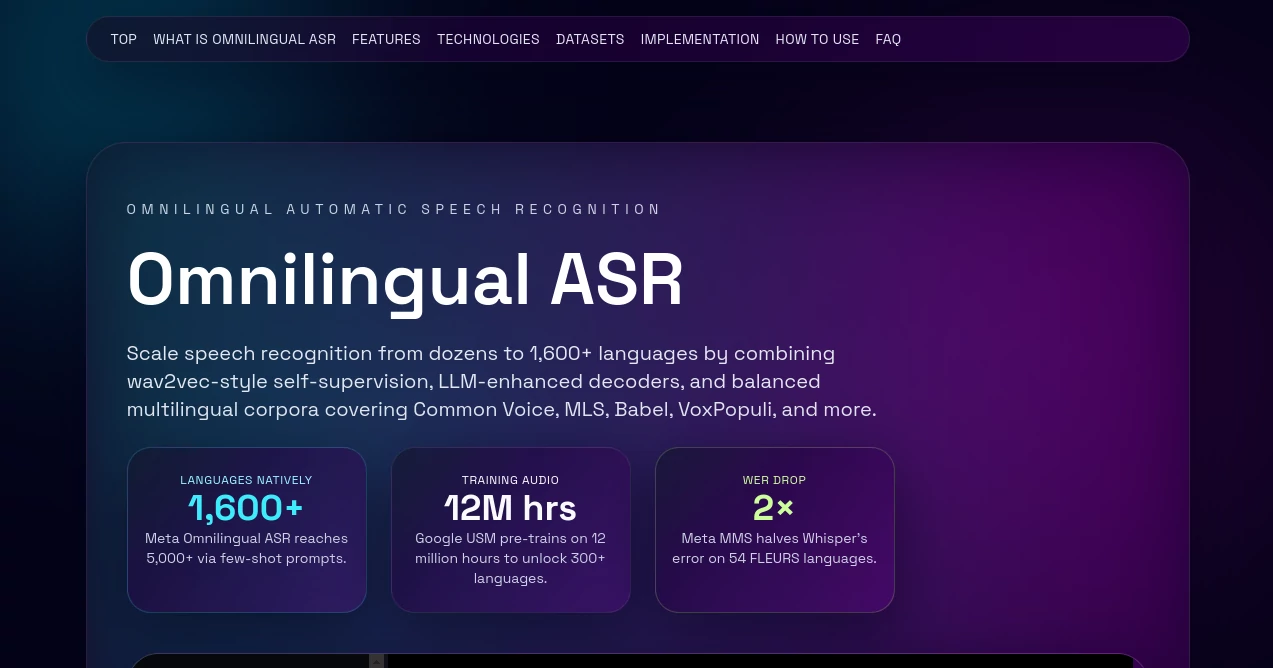 Screenshot of Omnilingual ASR – An AI tool in the ,AI Transcriber ,AI Speech to Text ,AI Speech Recognition ,AI Voice Assistants  category, showcasing its interface and key features.