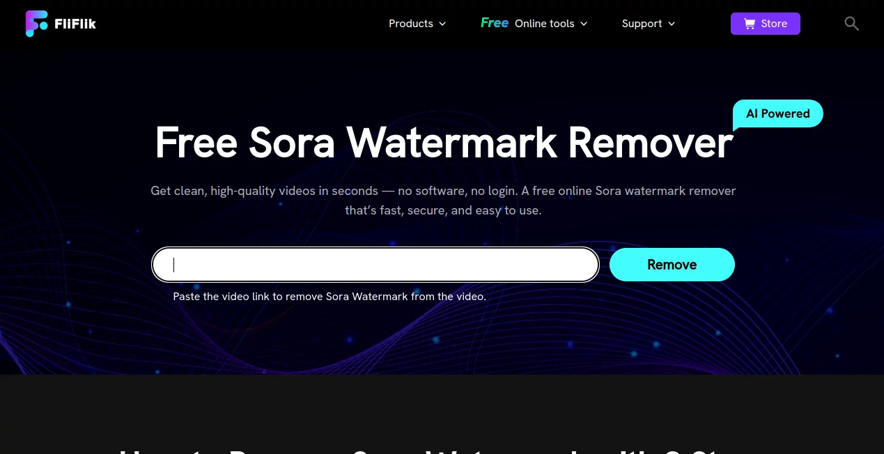 Screenshot of FliFlik - Free Sora Watermark Remover – An AI tool in the ,AI Video Editor ,AI Video Enhancer ,AI Video to Video ,AI Fun Tools  category, showcasing its interface and key features.