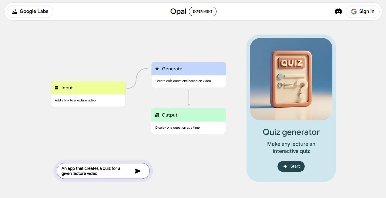 Screenshot of Opal – An AI tool in the ,AI No-Code & Low-Code ,AI Developer Tools ,AI App Builder  category, showcasing its interface and key features.