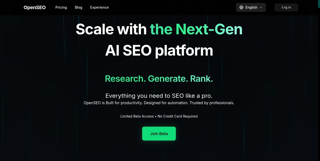 Screenshot of OpenSEO – An AI tool in the ,AI Content Generator ,AI Research Tool ,AI SEO Assistant ,AI Marketing Plan Generator  category, showcasing its interface and key features.
