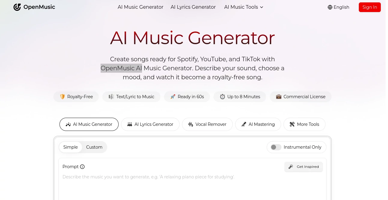 Screenshot of OpenMusic AI – An AI tool in the ,AI Music Generator ,AI Voice Cloning ,AI Text to Music ,AI Singing Generator  category, showcasing its interface and key features.