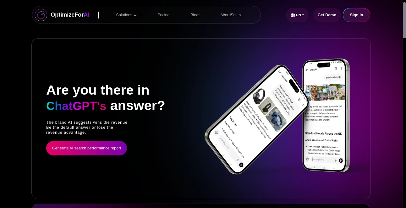 Screenshot of OptimizeForAI – An AI tool in the ,AI Content Generator ,AI Research Tool ,AI Analytics Assistant ,AI SEO Assistant  category, showcasing its interface and key features.