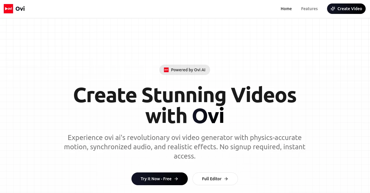 Screenshot of OVI Video Generator – An AI tool in the ,AI Animated Video ,AI Text to Video ,AI Video Generator ,AI Short Clips Generator  category, showcasing its interface and key features.