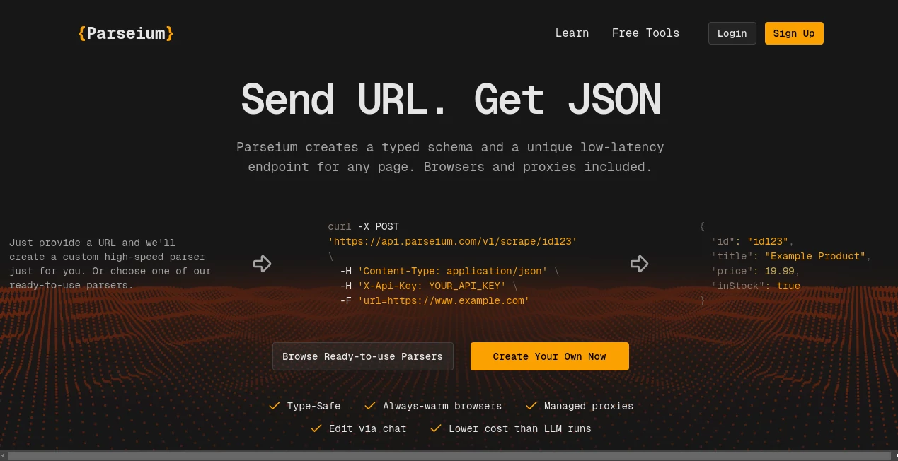 Screenshot of { Parseium } – An AI tool in the ,AI Data Mining ,AI API Design ,AI Developer Tools ,AI Web Scraping  category, showcasing its interface and key features.