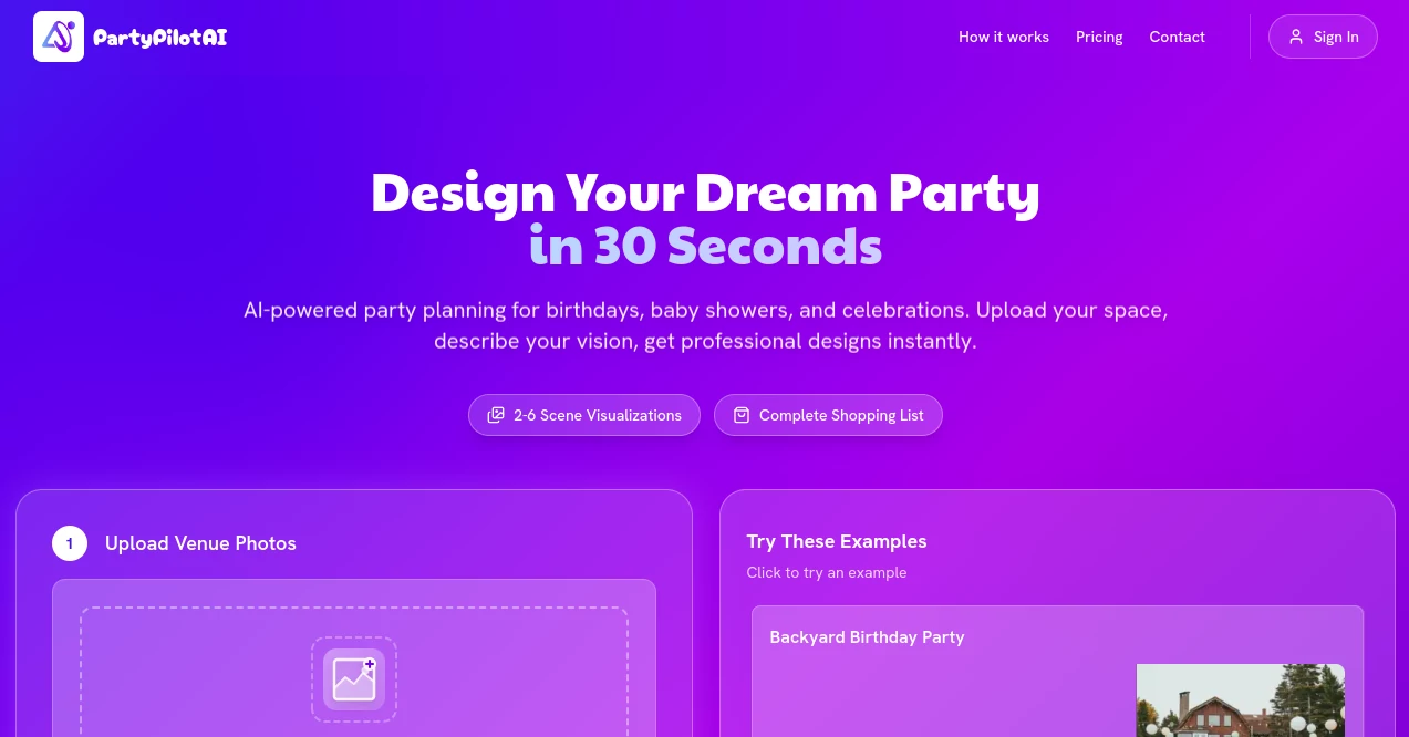 Screenshot of PartyPilotAI – An AI tool in the ,AI Design Generator ,AI Interior & Room Design ,AI Trip Planner ,AI Life Assistant  category, showcasing its interface and key features.