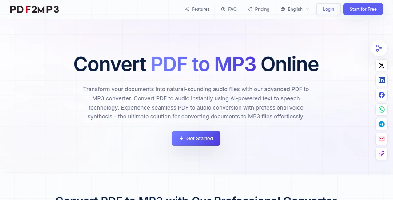 Screenshot of PDF to MP3 – An AI tool in the ,AI Transcriber ,AI Text to Speech ,AI Speech to Text ,AI Documents Assistant  category, showcasing its interface and key features.