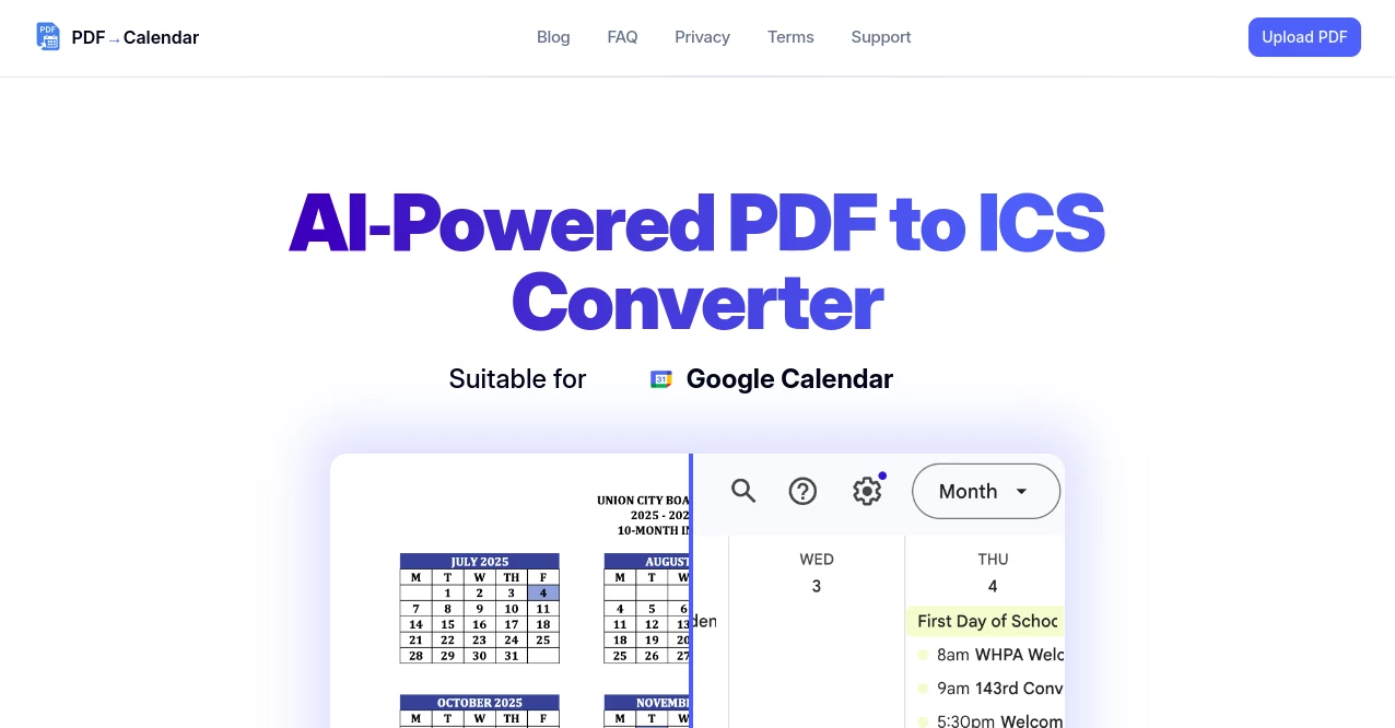 Screenshot of PDF to Calendar – An AI tool in the ,AI PDF ,AI Productivity Tools ,AI Task Management ,AI Scheduling  category, showcasing its interface and key features.