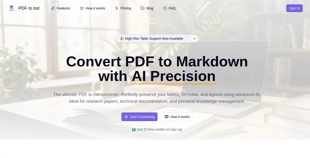 Screenshot of PDF to MD – An AI tool in the ,AI Transcriber ,AI PDF ,AI Document Extraction ,AI Documents Assistant  category, showcasing its interface and key features.