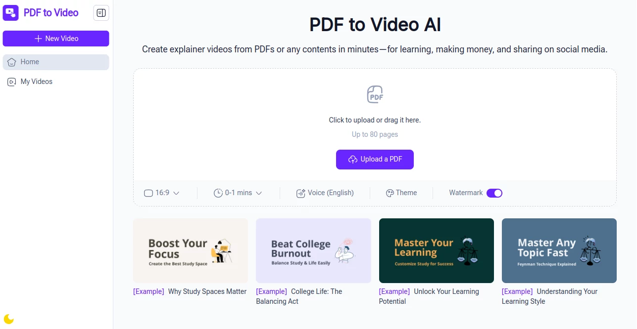 Screenshot of PDF to Video AI – An AI tool in the ,AI Text to Video ,AI Video Generator  category, showcasing its interface and key features.