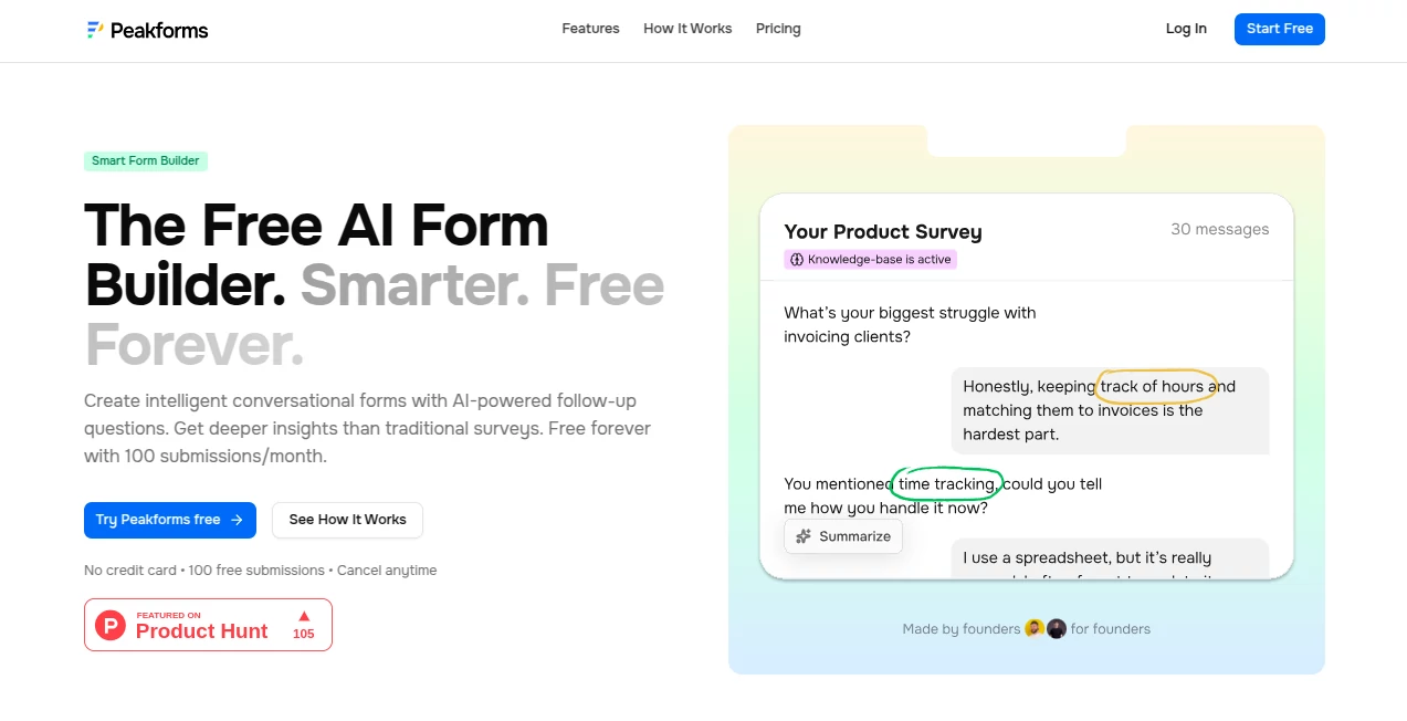 Screenshot of Peakforms – An AI tool in the ,AI Analytics Assistant ,AI Customer Service Assistant ,AI Knowledge Base ,AI Forms & Surveys  category, showcasing its interface and key features.