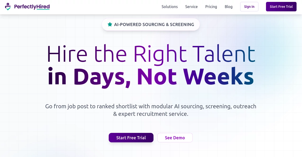 Screenshot of Perfectly Hired – An AI tool in the ,AI Business Ideas Generator ,AI Recruiting  category, showcasing its interface and key features.