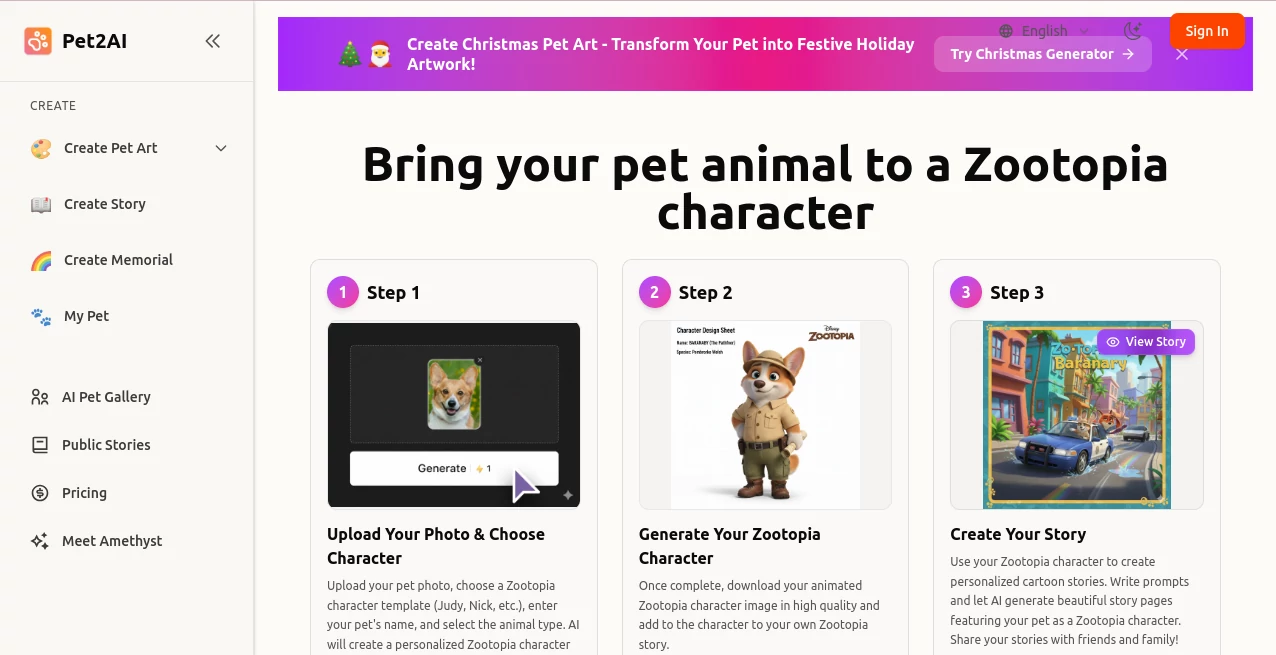Screenshot of Pet2AI – An AI tool in the ,AI Story Writing ,AI Creative Writing ,AI Photo & Image Generator ,AI Art Generator  category, showcasing its interface and key features.