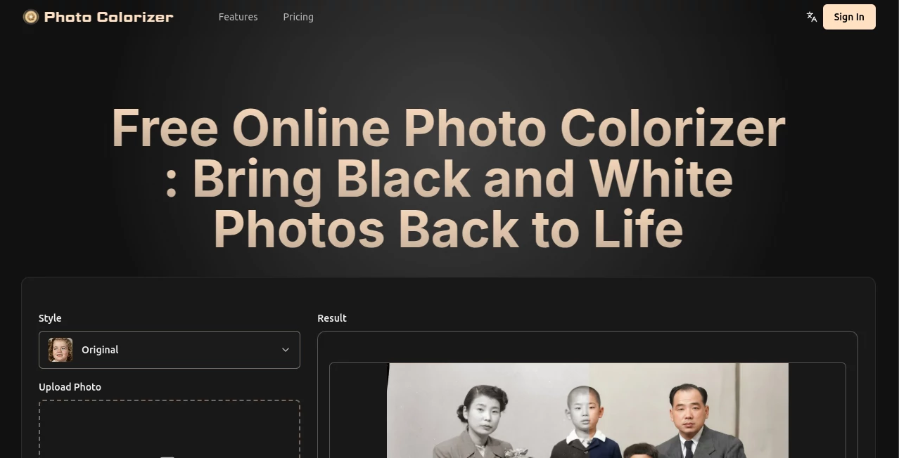Screenshot of Photo Colorizer – An AI tool in the ,Photo & Image Editor ,AI Photo Enhancer ,AI Photo Restoration ,AI Colorize  category, showcasing its interface and key features.