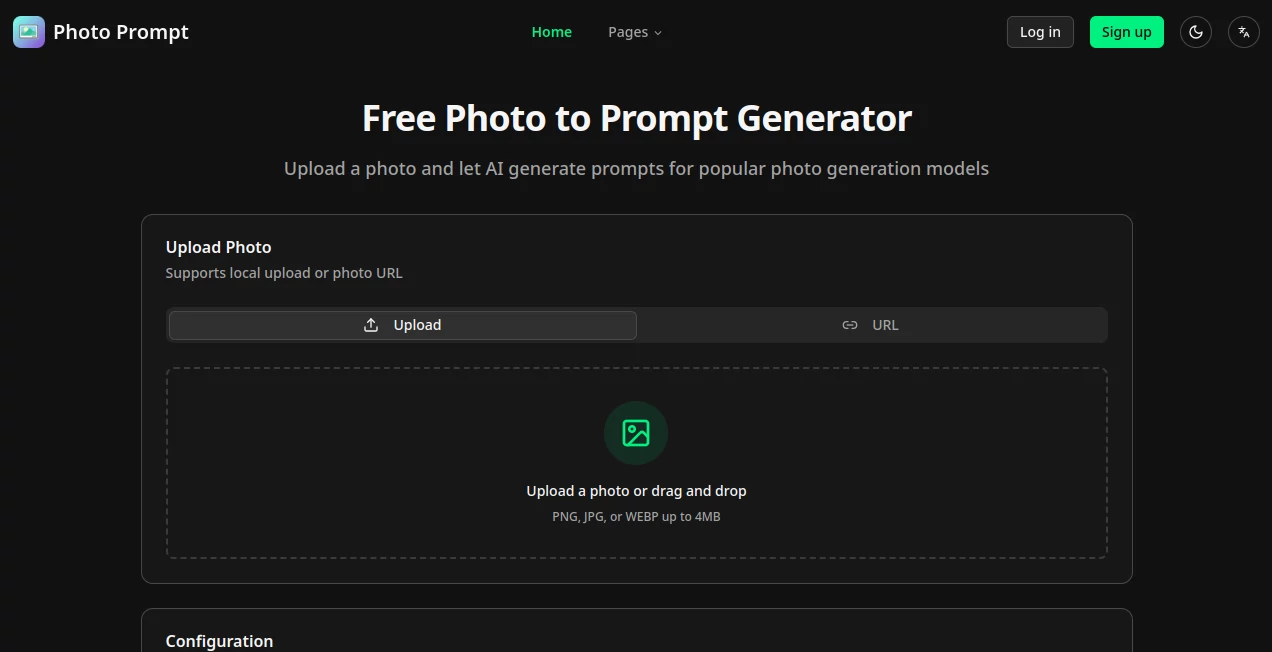 Screenshot of Photo Prompt – An AI tool in the ,AI Text to Image ,AI Photo Enhancer ,AI Image to Image ,AI Art Generator  category, showcasing its interface and key features.