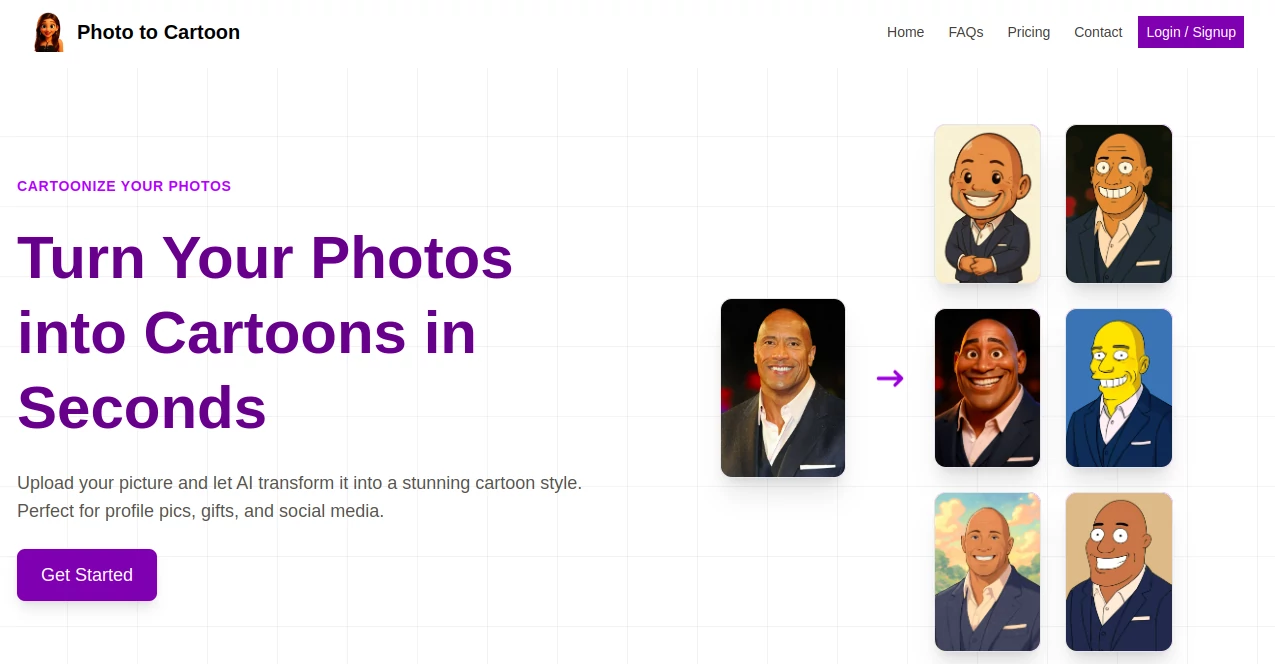 Screenshot of Photo to Cartoon – An AI tool in the ,Photo & Image Editor ,AI Photo Enhancer ,AI Image to Image ,AI Art Generator  category, showcasing its interface and key features.