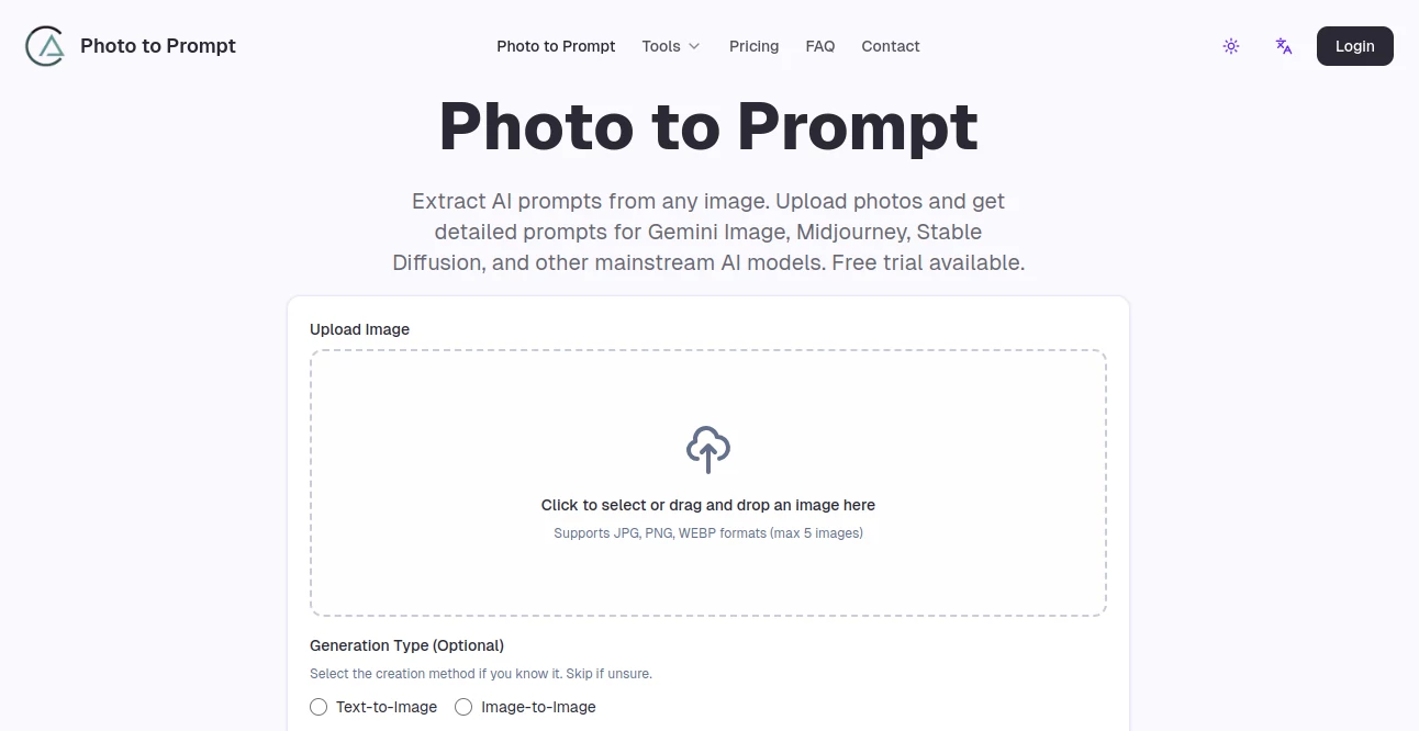 Screenshot of Photo to Prompt – An AI tool in the ,AI Photo Enhancer ,AI Image to Image ,AI Image Recognition ,AI Design Assistant  category, showcasing its interface and key features.