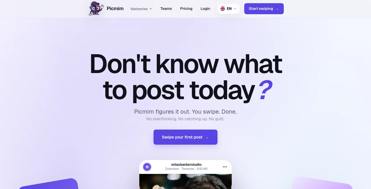 Screenshot of Picmim – An AI tool in the ,AI Content Generator ,AI Social Media Assistant ,AI Marketing Plan Generator ,AI Team Collaboration  category, showcasing its interface and key features.