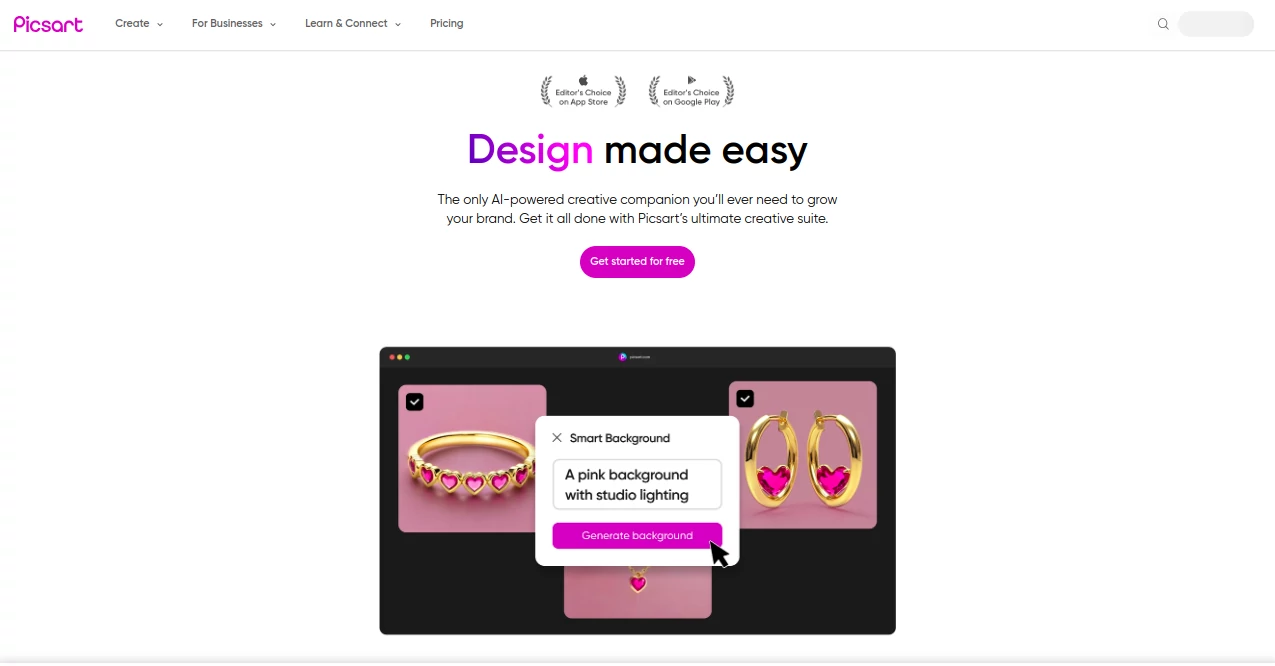 Screenshot of Picsart – An AI tool in the ,AI GIF Generator ,AI Poster Generator ,AI Face Swap Generator ,AI Landscape Generator ,AI Image to Image ,AI Selfie & Portrait ,AI Pattern Generator ,AI Background Remover ,AI Wallpaper Generator ,AI Profile Picture Generator ,AI Photography ,AI Photo Restoration ,AI Photo Enhancer ,Photo & Image Editor ,AI Logo Generator ,AI Icon Generator ,AI Emoji Generator ,AI Cover Generator ,AI Banner Generator ,AI Background Generator ,AI Avatar Generator ,AI Illustration Generator ,AI Photo & Image Generator ,AI Text to Image  category, showcasing its interface and key features.