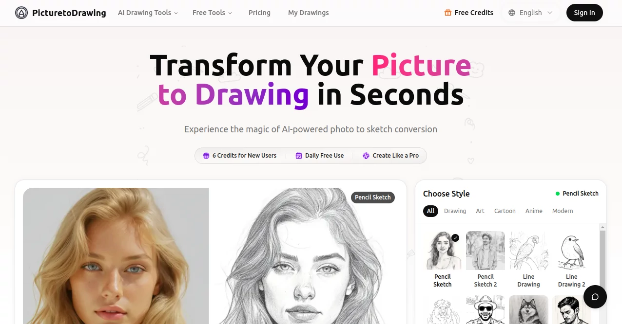 Screenshot of PicturetoDrawing – An AI tool in the ,Photo & Image Editor ,AI Photo Enhancer ,AI Image to Image ,AI Art Generator  category, showcasing its interface and key features.