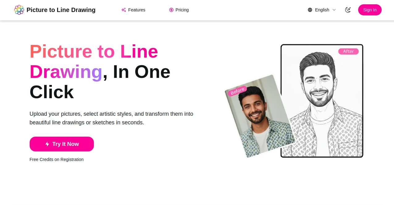 Screenshot of Picture to Line Drawing – An AI tool in the ,AI Illustration Generator ,Photo & Image Editor ,AI Photo Enhancer ,AI Image to Image  category, showcasing its interface and key features.