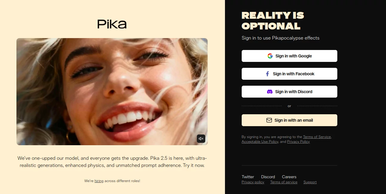 Screenshot of Pika Art – An AI tool in the ,AI Animated Video ,AI Image to Video ,AI Text to Video ,AI Video Generator  category, showcasing its interface and key features.