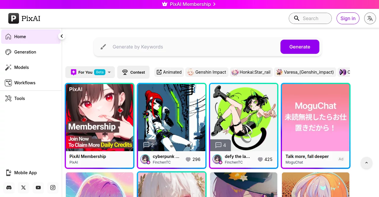 Screenshot of PixAI - AI Art Generator – An AI tool in the ,AI Art Generator ,AI Anime Art ,AI Manga & Comic ,AI Content Generator ,AI Anime & Cartoon Generator  category, showcasing its interface and key features.