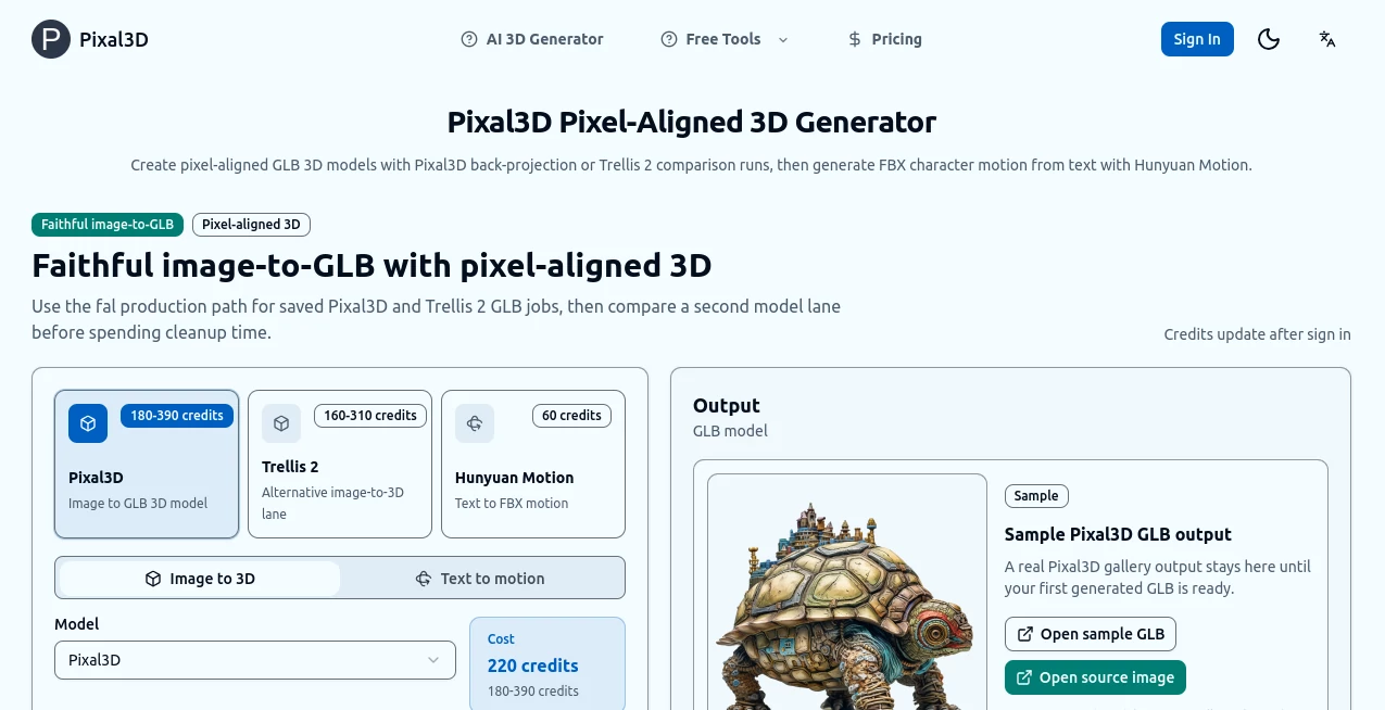 Screenshot of Pixal3D – An AI tool in the ,AI 3D Model Generator ,Photo & Image Editor ,AI Image to 3D Model ,AI Design Generator  category, showcasing its interface and key features.