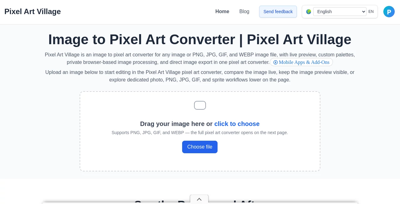 Screenshot of Pixel Art Village – An AI tool in the ,AI Pixel Art ,AI Art Generator ,AI Design Generator ,AI Image to Image  category, showcasing its interface and key features.
