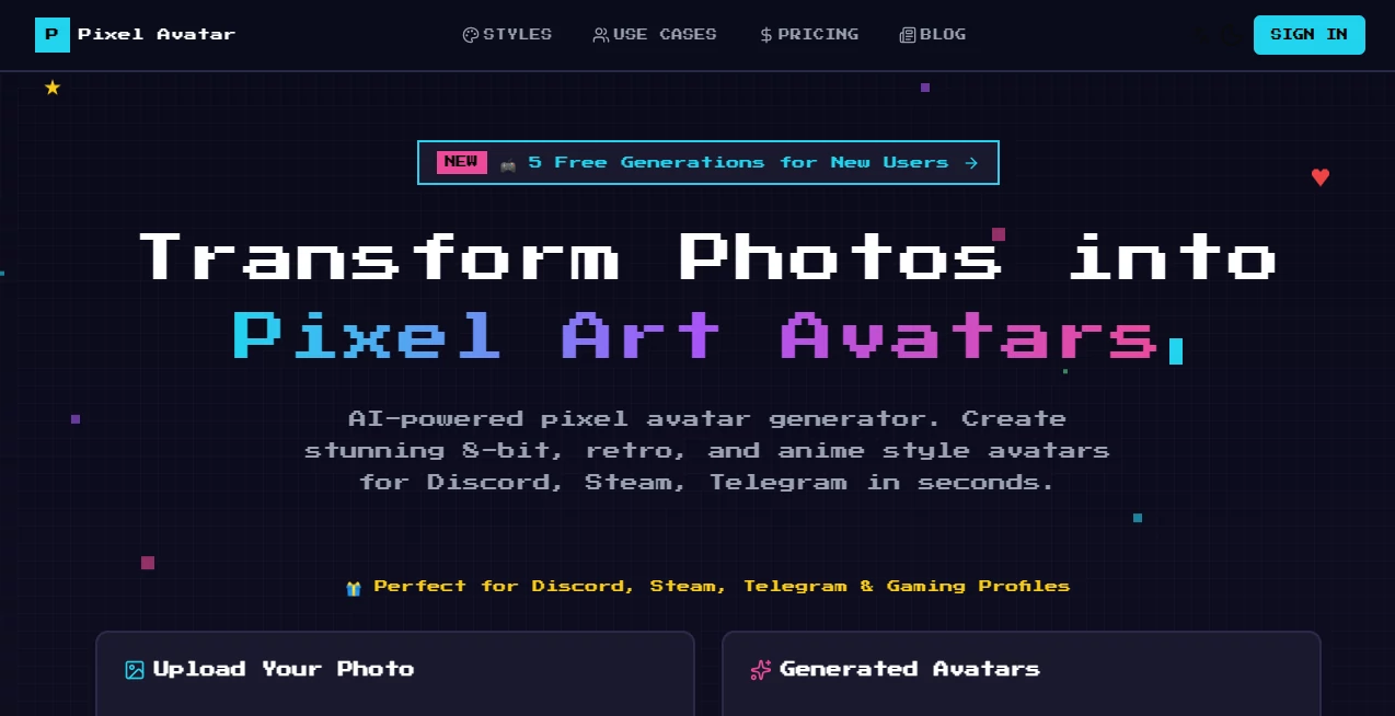 Screenshot of Pixel Avatar Generator – An AI tool in the ,AI Avatar Generator ,AI Profile Picture Generator ,AI Image to Image ,AI Fun Tools  category, showcasing its interface and key features.