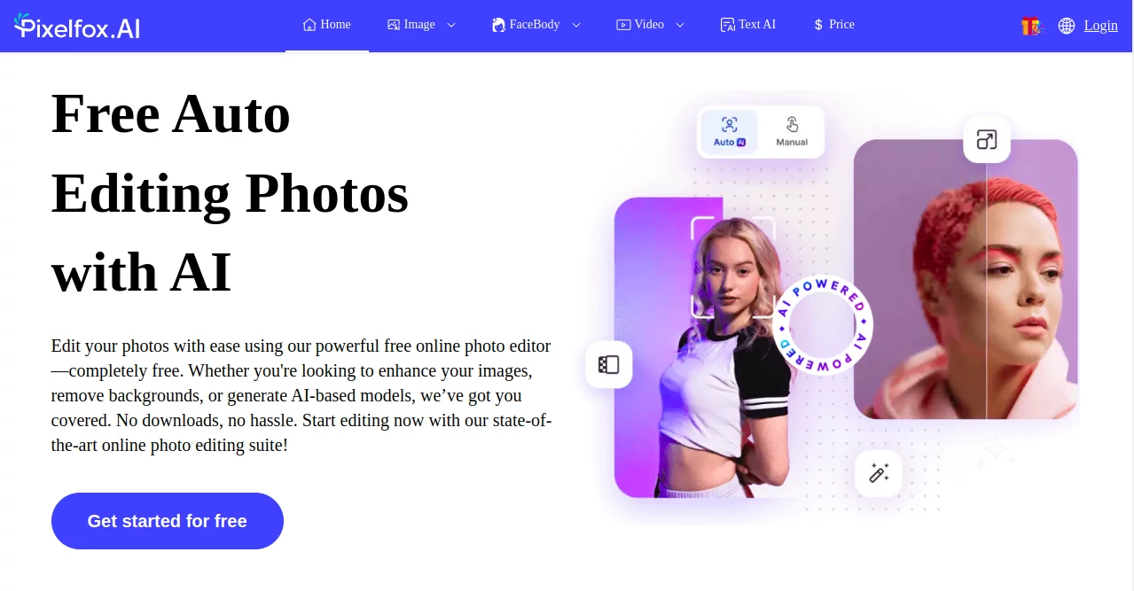 Screenshot of Pixelfox AI – An AI tool in the ,AI Background Generator ,Photo & Image Editor ,AI Background Remover ,AI Face Swap Generator ,AI Video Generator  category, showcasing its interface and key features.